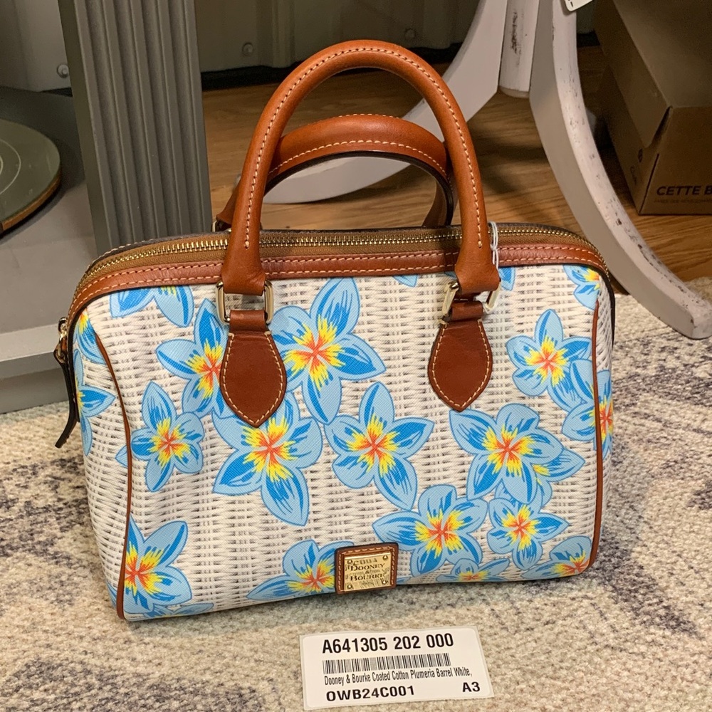 Dooney & Bourke Coated Cotton Plumeria Barrel Bag Speedy blue white NWOT